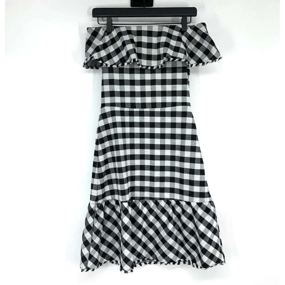 Ann Taylor Dress Gingham Print Off Shoulder Ruffle Black White - Picture 4 of 12